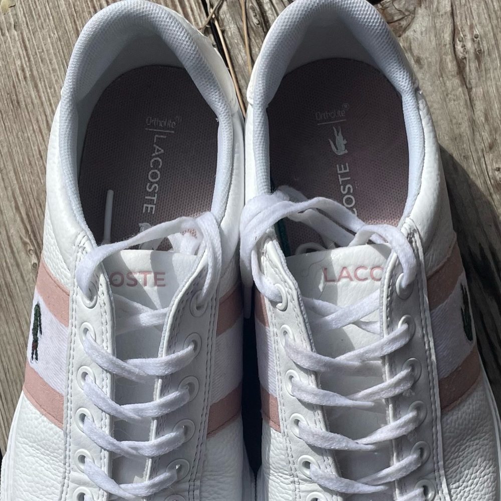 Women's LaCoste Powercourt Graphic Leather Sneakers Sz 6.5 - Picture 13 of 14